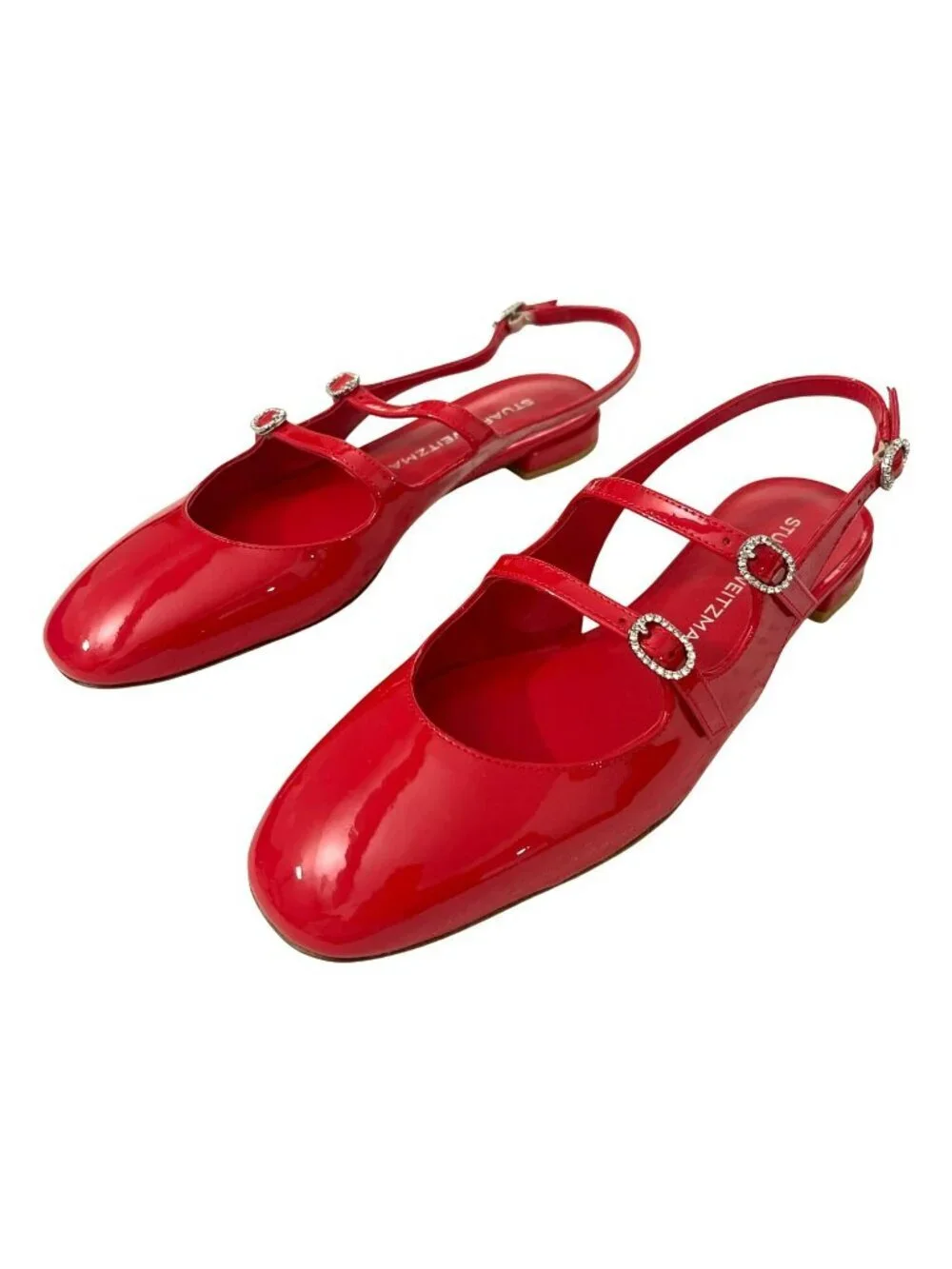 Stuart Weitzman $475 Claris Red Patent Leather Rhinestone Slingback 7.5 NEW
